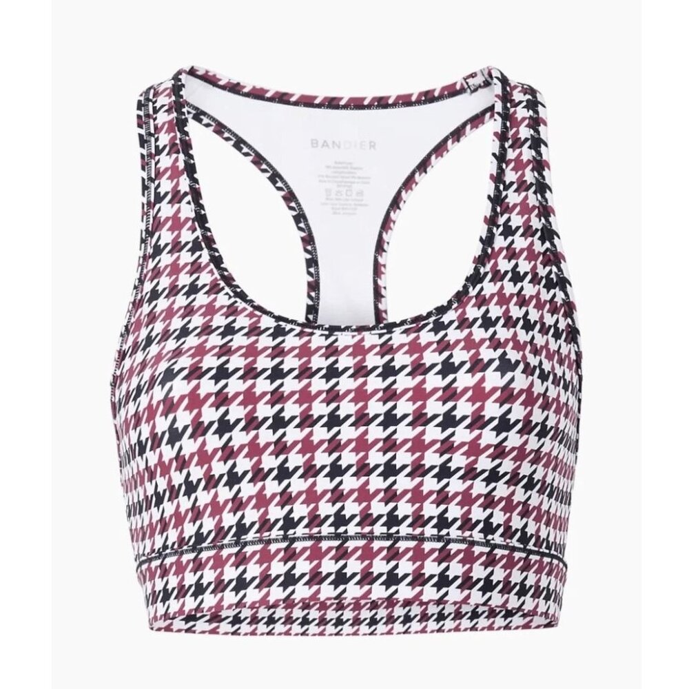 Bandier Center Stage Houndstooth Sports Bra‎ Size M White Black Red Racerback
